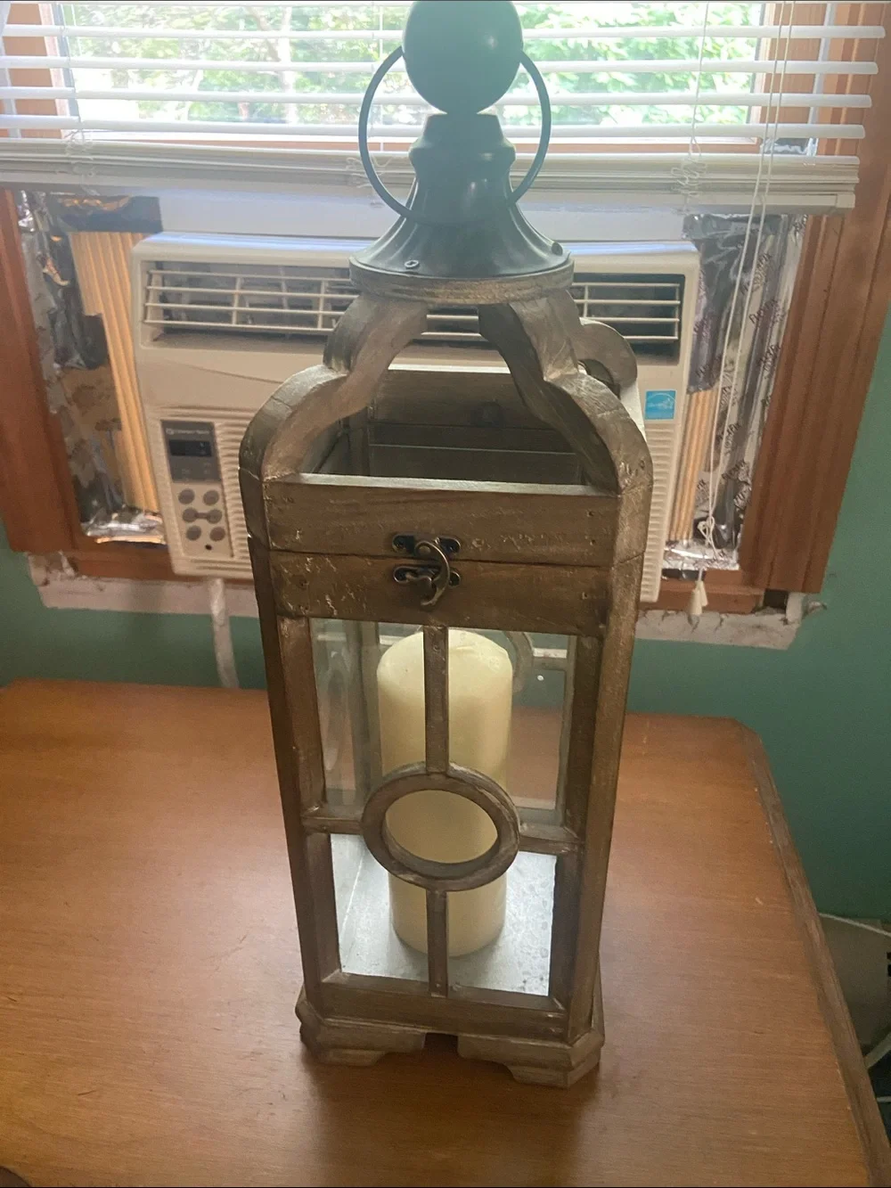 Rustic Wooden Lantern with Glass Panels in Distressed Brown